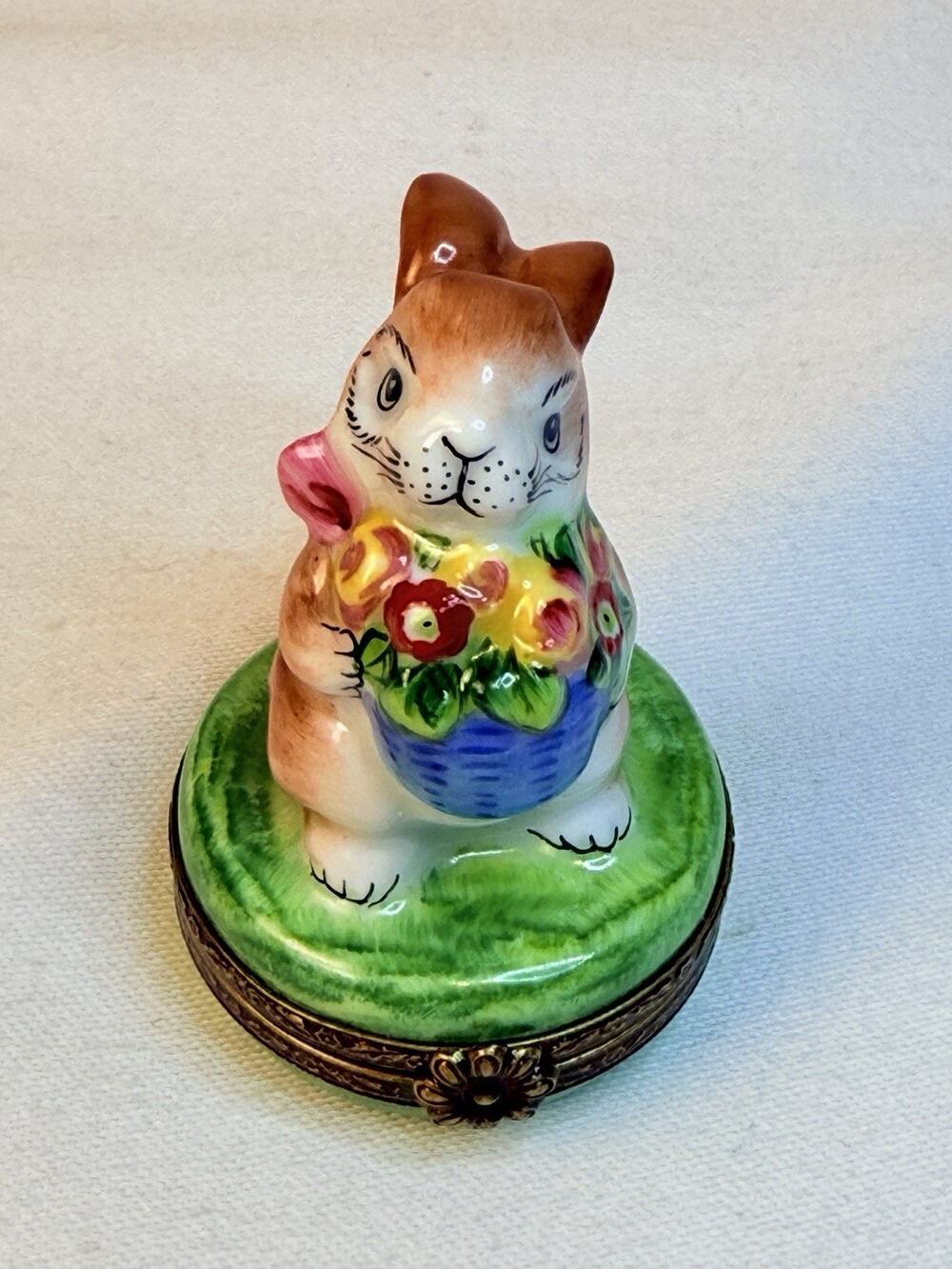 limoges marque deposee Porcelain Rabbit W/ Colorful Flower Basket